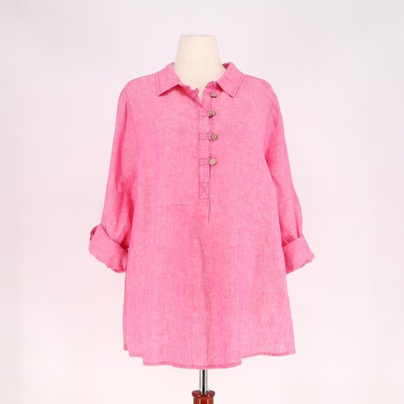SIGRID OLSEN 100% Linen Half-Button Roll Tab Sleeve Shirt Blouse Pink Size 2X - Picture 1 of 7
